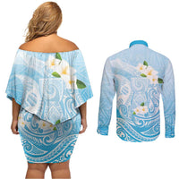 Guam Fishhook Mix Guasali Flowers Couples Matching Off Shoulder Short Dress and Long Sleeve Button Shirt Dreaming Turquoise