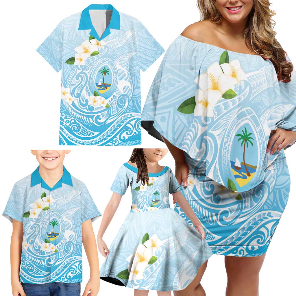 Guam Fishhook Mix Guasali Flowers Family Matching Off Shoulder Short Dress and Hawaiian Shirt Dreaming Turquoise