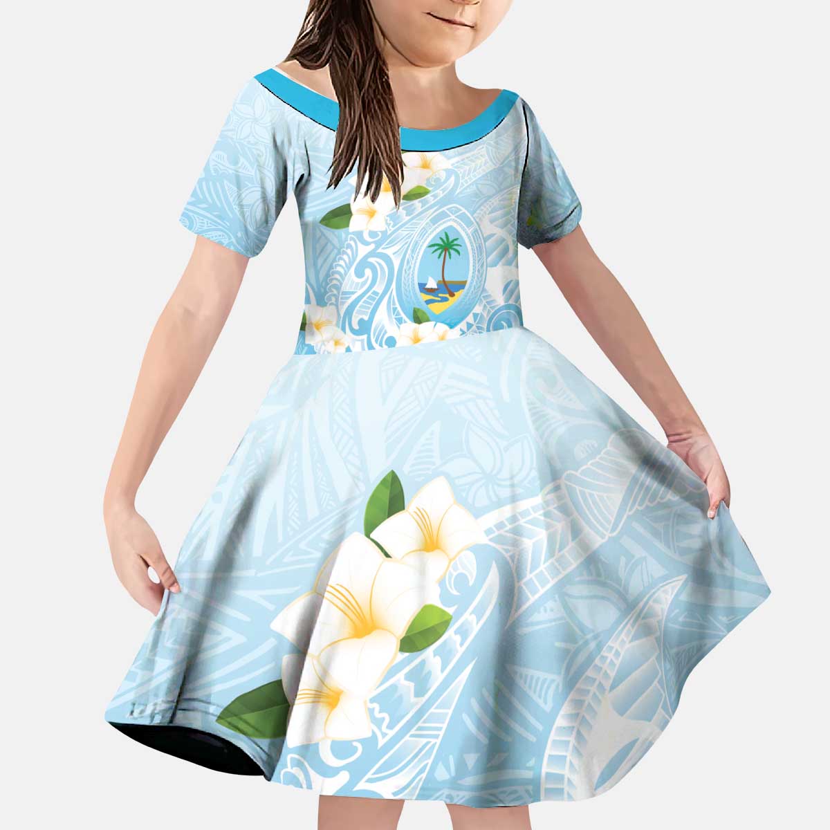 Guam Fishhook Mix Guasali Flowers Kid Short Sleeve Dress Dreaming Turquoise