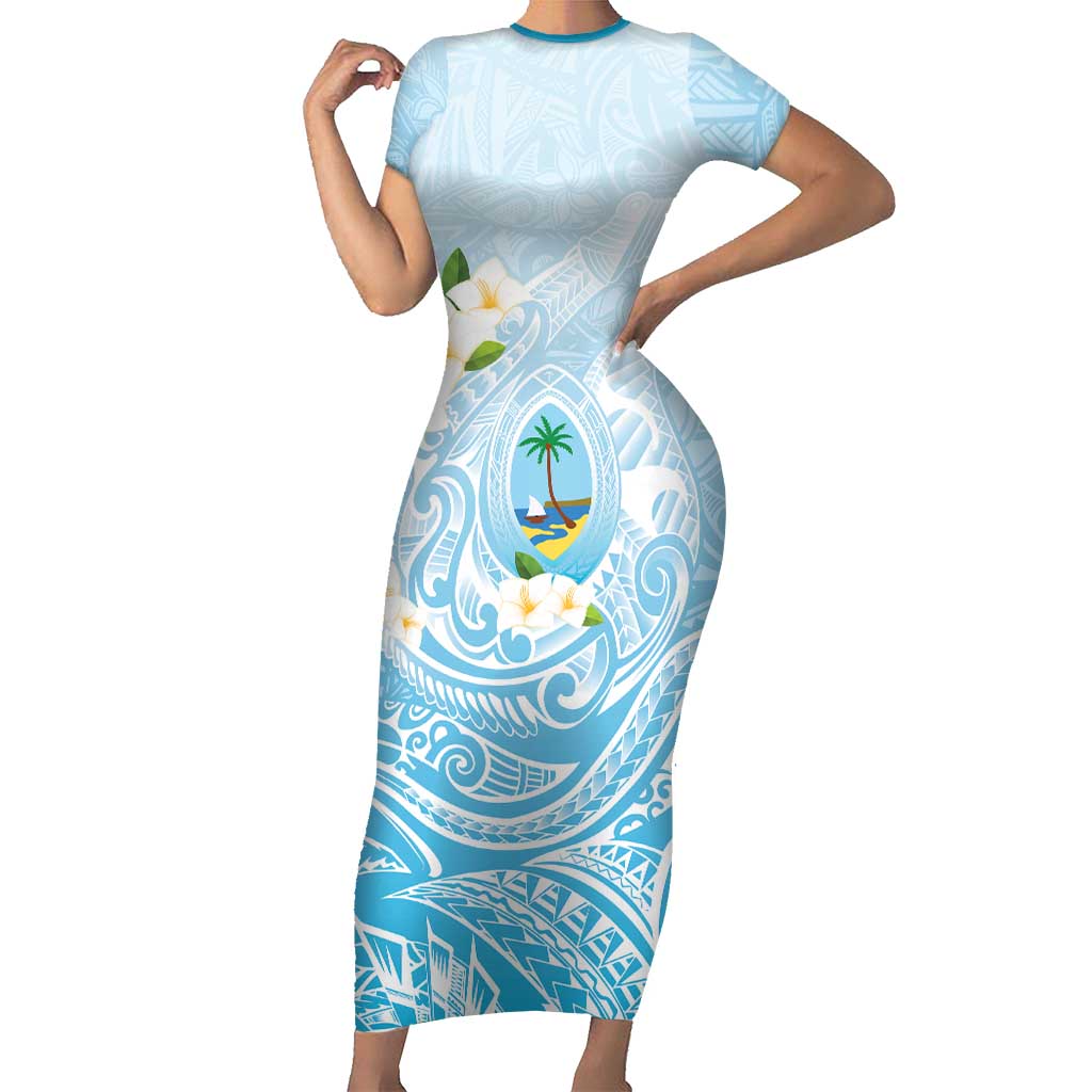 Guam Fishhook Mix Guasali Flowers Short Sleeve Bodycon Dress Dreaming Turquoise LT7 Long Dress Turquoise - Polynesian Pride