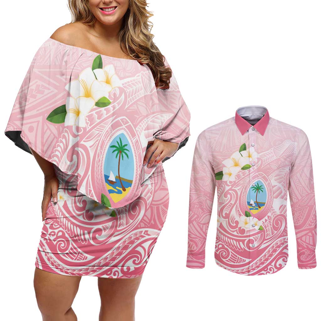 Guam Fishhook Mix Guasali Flowers Couples Matching Off Shoulder Short Dress and Long Sleeve Button Shirt Dreaming Coral