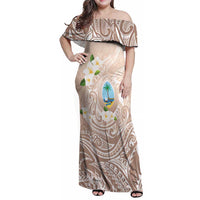 Guam Fishhook Mix Guasali Flowers Family Matching Off Shoulder Maxi Dress and Hawaiian Shirt Dreaming Hazel LT7 Mom's Dress Beige - Polynesian Pride