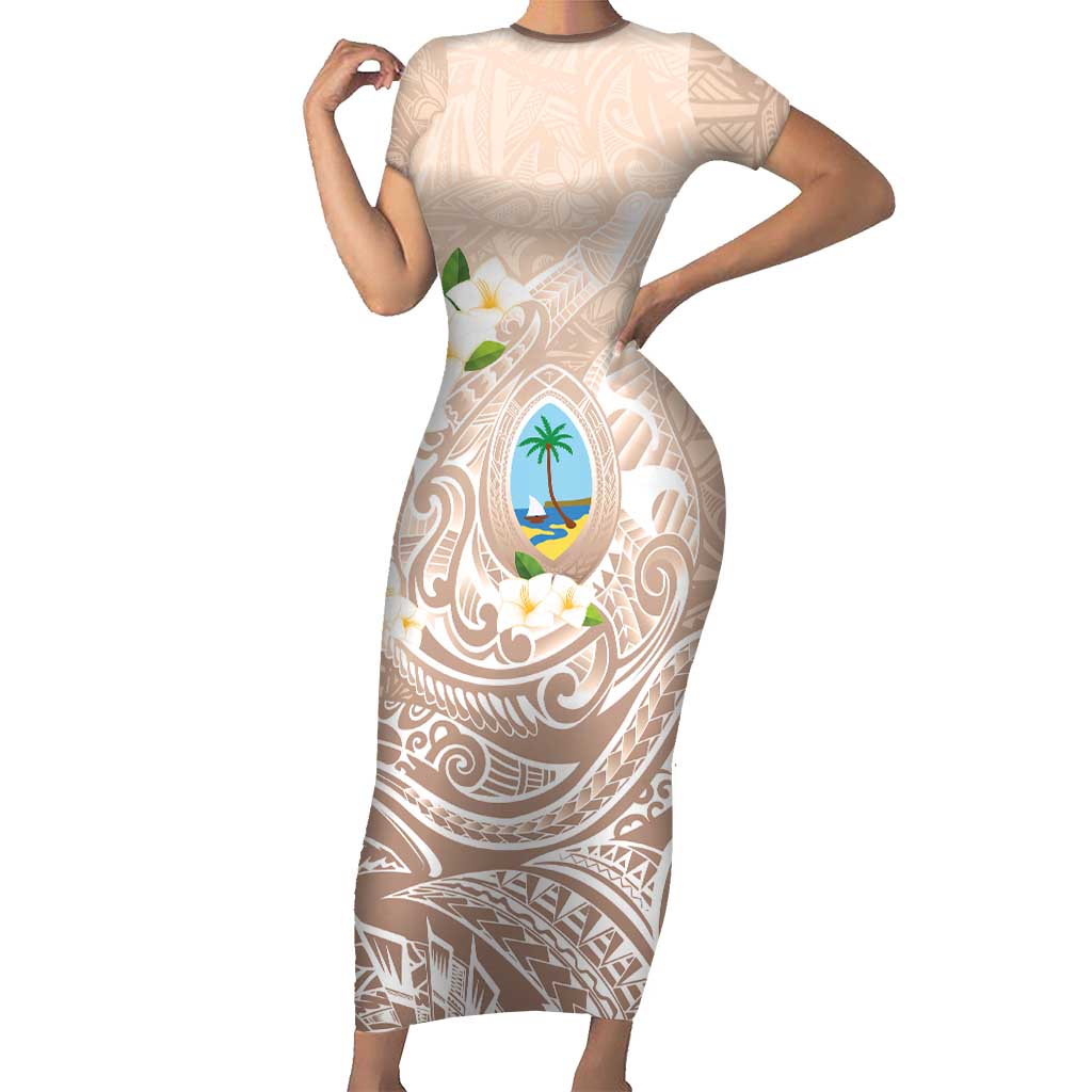 Guam Fishhook Mix Guasali Flowers Family Matching Short Sleeve Bodycon Dress and Hawaiian Shirt Dreaming Hazel LT7 Mom's Dress Beige - Polynesian Pride
