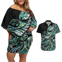 Maori Matariki - Manaia Couples Matching Off Shoulder Short Dress and Hawaiian Shirt Emerald Paua Shell LT7 Green - Polynesian Pride