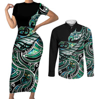 Maori Matariki - Manaia Couples Matching Short Sleeve Bodycon Dress and Long Sleeve Button Shirt Emerald Paua Shell LT7 Green - Polynesian Pride