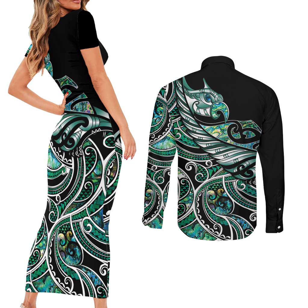 Maori Matariki - Manaia Couples Matching Short Sleeve Bodycon Dress and Long Sleeve Button Shirt Emerald Paua Shell LT7 - Polynesian Pride