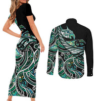 Maori Matariki - Manaia Couples Matching Short Sleeve Bodycon Dress and Long Sleeve Button Shirt Emerald Paua Shell LT7 - Polynesian Pride