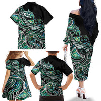 Maori Matariki - Manaia Family Matching Off The Shoulder Long Sleeve Dress and Hawaiian Shirt Emerald Paua Shell