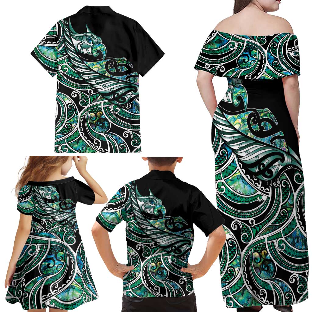 Maori Matariki - Manaia Family Matching Off Shoulder Maxi Dress and Hawaiian Shirt Emerald Paua Shell