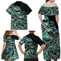 Maori Matariki - Manaia Family Matching Off Shoulder Maxi Dress and Hawaiian Shirt Emerald Paua Shell