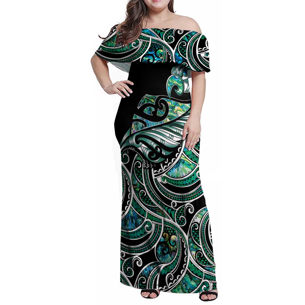 Maori Matariki - Manaia Family Matching Off Shoulder Maxi Dress and Hawaiian Shirt Emerald Paua Shell