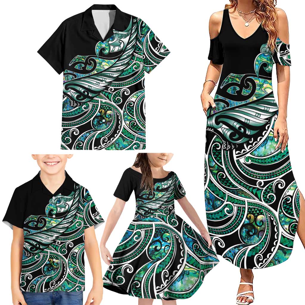 Maori Matariki - Manaia Family Matching Summer Maxi Dress and Hawaiian Shirt Emerald Paua Shell
