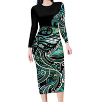Maori Matariki - Manaia Long Sleeve Bodycon Dress Emerald Paua Shell