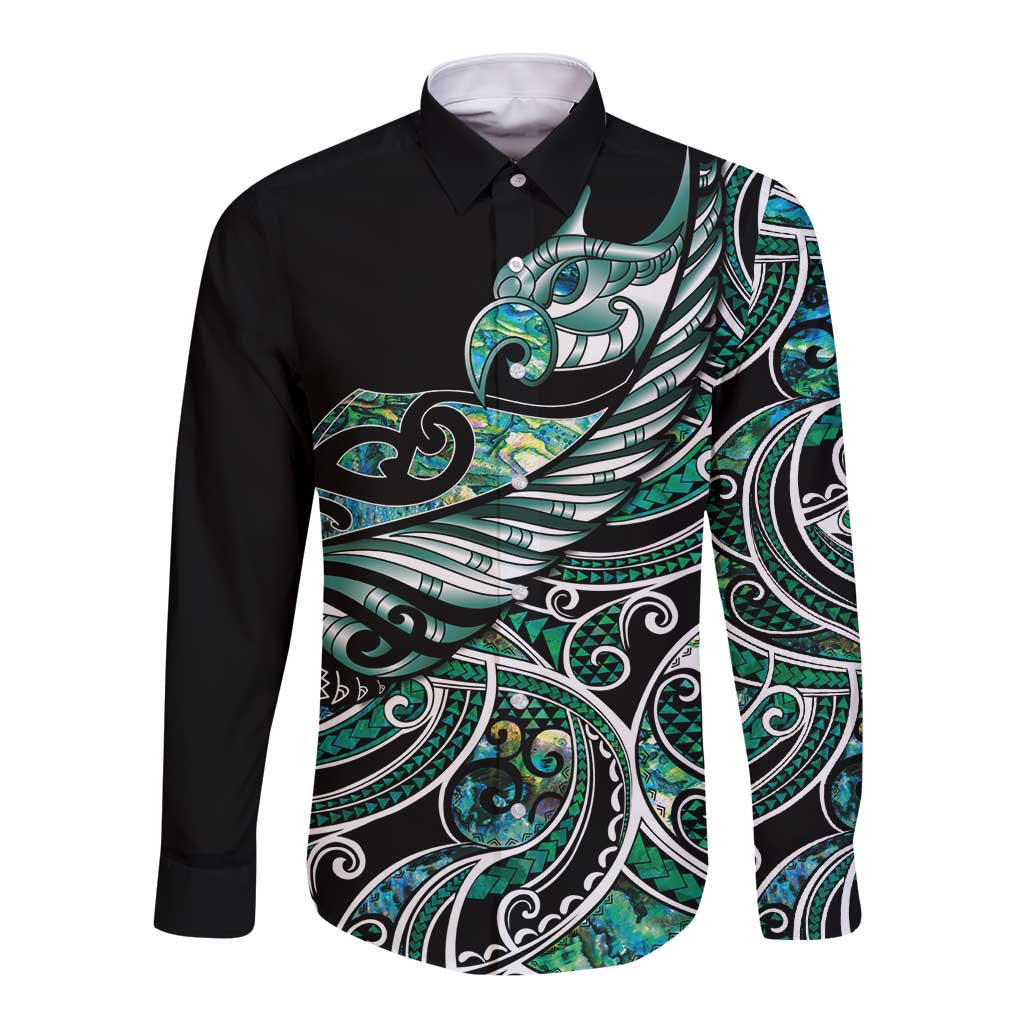 Maori Matariki - Manaia Long Sleeve Button Shirt Emerald Paua Shell LT7 Unisex Green - Polynesian Pride
