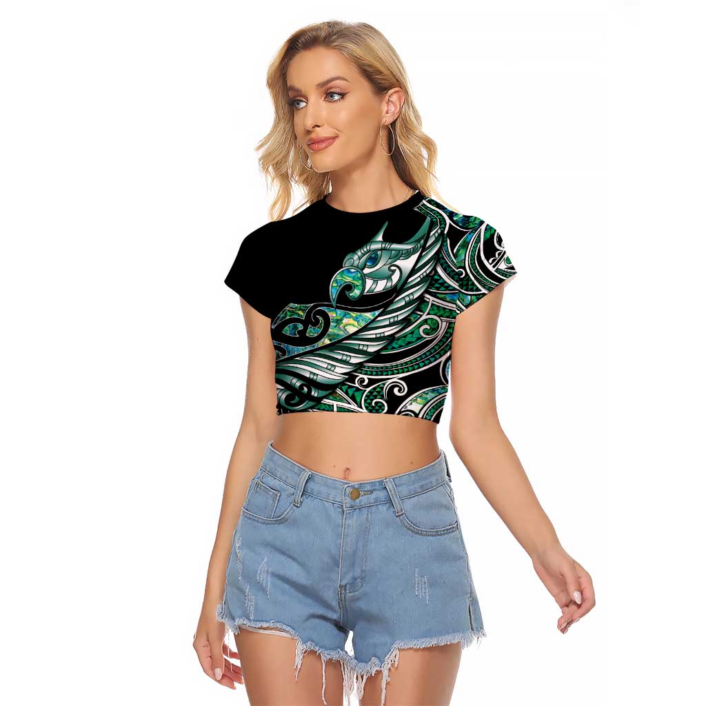 Maori Matariki - Manaia Raglan Cropped T Shirt Emerald Paua Shell LT7 Female Green - Polynesian Pride