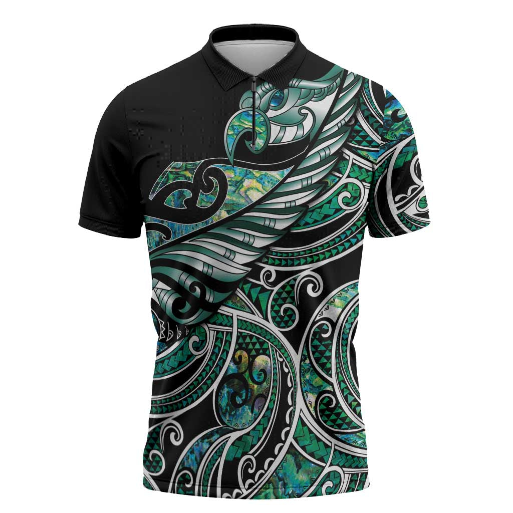 Maori Matariki - Manaia Zipper Polo Shirt Emerald Paua Shell