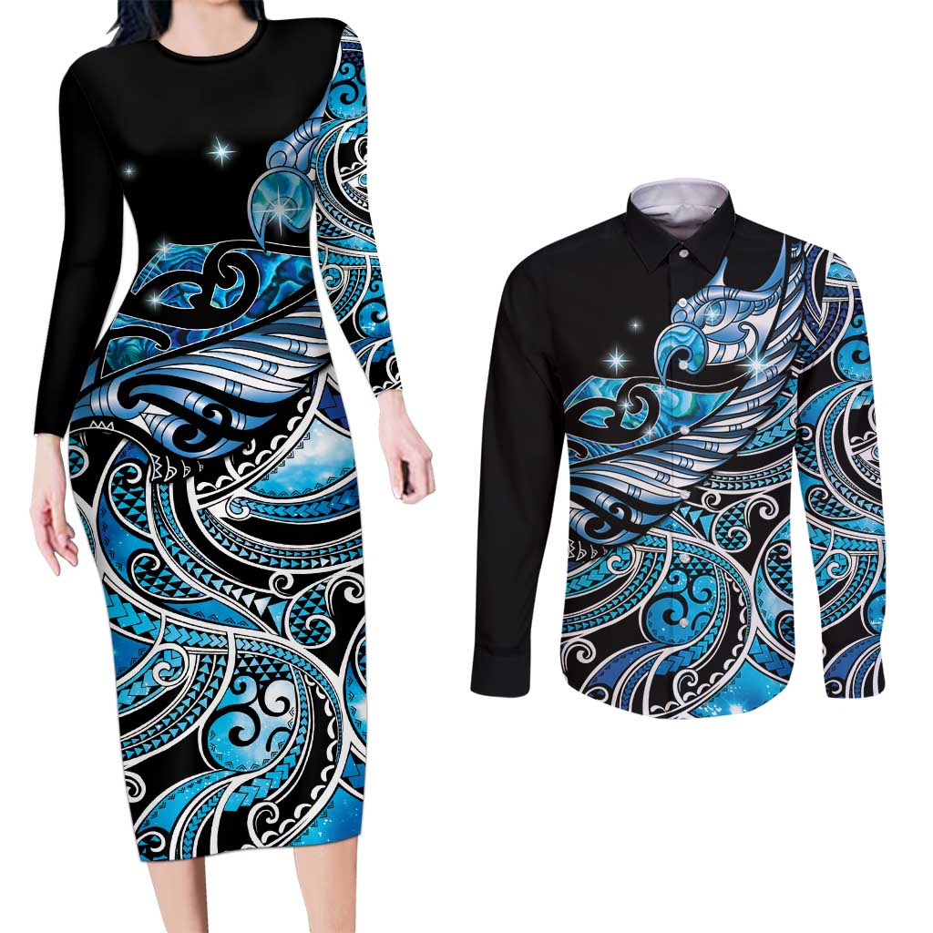 Maori Matariki - Manaia Couples Matching Long Sleeve Bodycon Dress and Long Sleeve Button Shirt Galaxy Blue Paua Shell