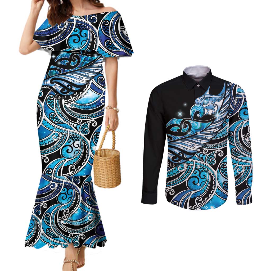 Maori Matariki - Manaia Couples Matching Mermaid Dress and Long Sleeve Button Shirt Galaxy Blue Paua Shell