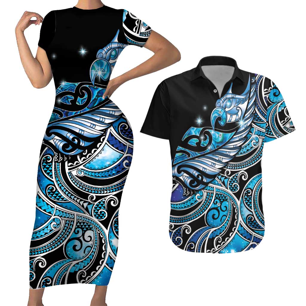Maori Matariki - Manaia Couples Matching Short Sleeve Bodycon Dress and Hawaiian Shirt Galaxy Blue Paua Shell