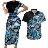 Maori Matariki - Manaia Couples Matching Short Sleeve Bodycon Dress and Hawaiian Shirt Galaxy Blue Paua Shell