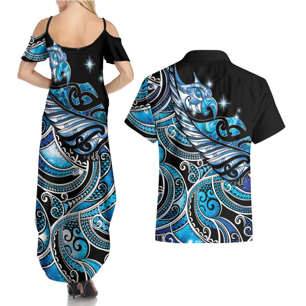 Maori Matariki - Manaia Couples Matching Summer Maxi Dress and Hawaiian Shirt Galaxy Blue Paua Shell LT7 - Polynesian Pride