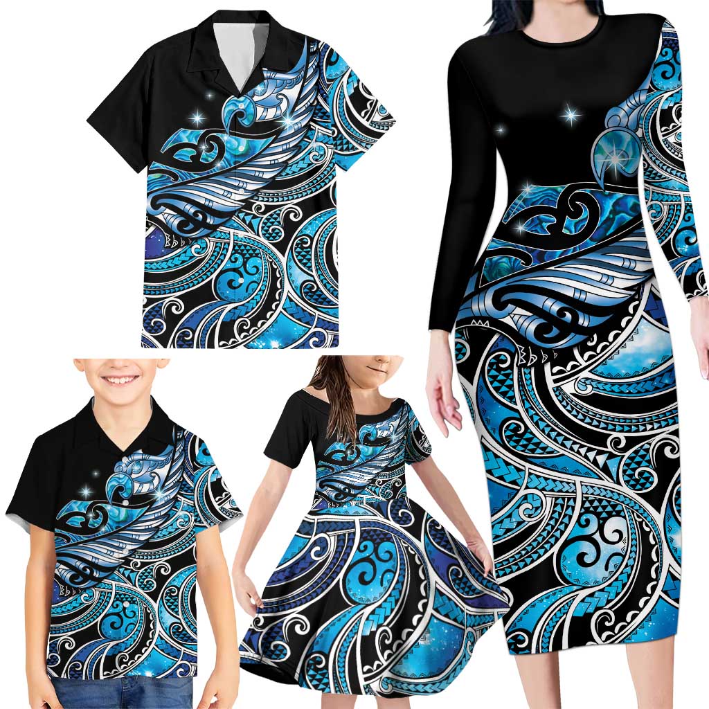 Maori Matariki - Manaia Family Matching Long Sleeve Bodycon Dress and Hawaiian Shirt Galaxy Blue Paua Shell
