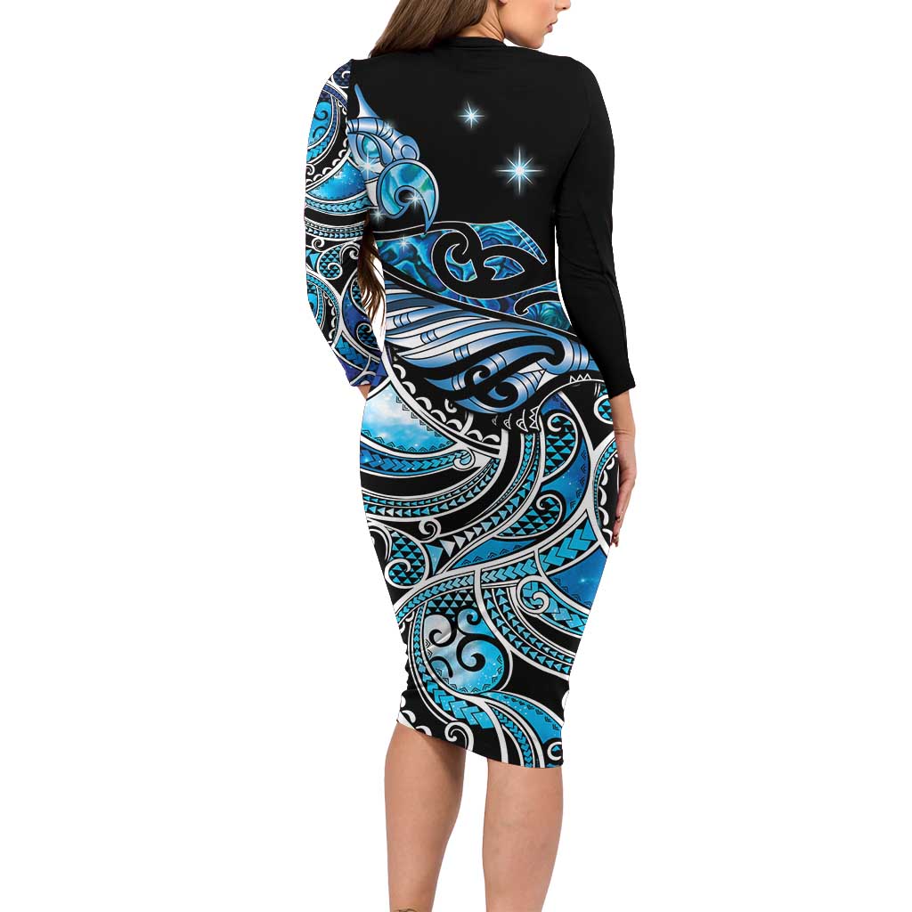 Maori Matariki - Manaia Family Matching Long Sleeve Bodycon Dress and Hawaiian Shirt Galaxy Blue Paua Shell