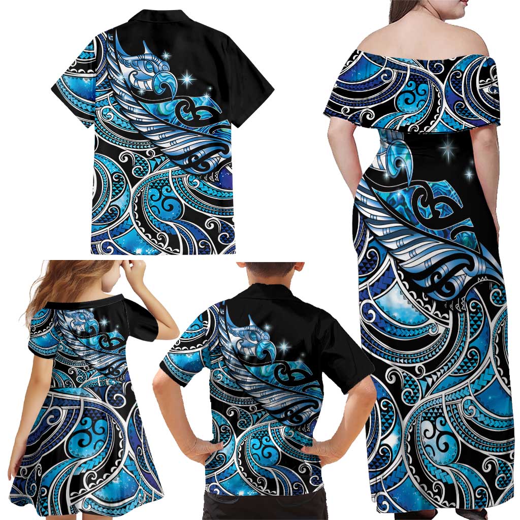 Maori Matariki - Manaia Family Matching Off Shoulder Maxi Dress and Hawaiian Shirt Galaxy Blue Paua Shell