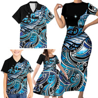 Maori Matariki - Manaia Family Matching Short Sleeve Bodycon Dress and Hawaiian Shirt Galaxy Blue Paua Shell