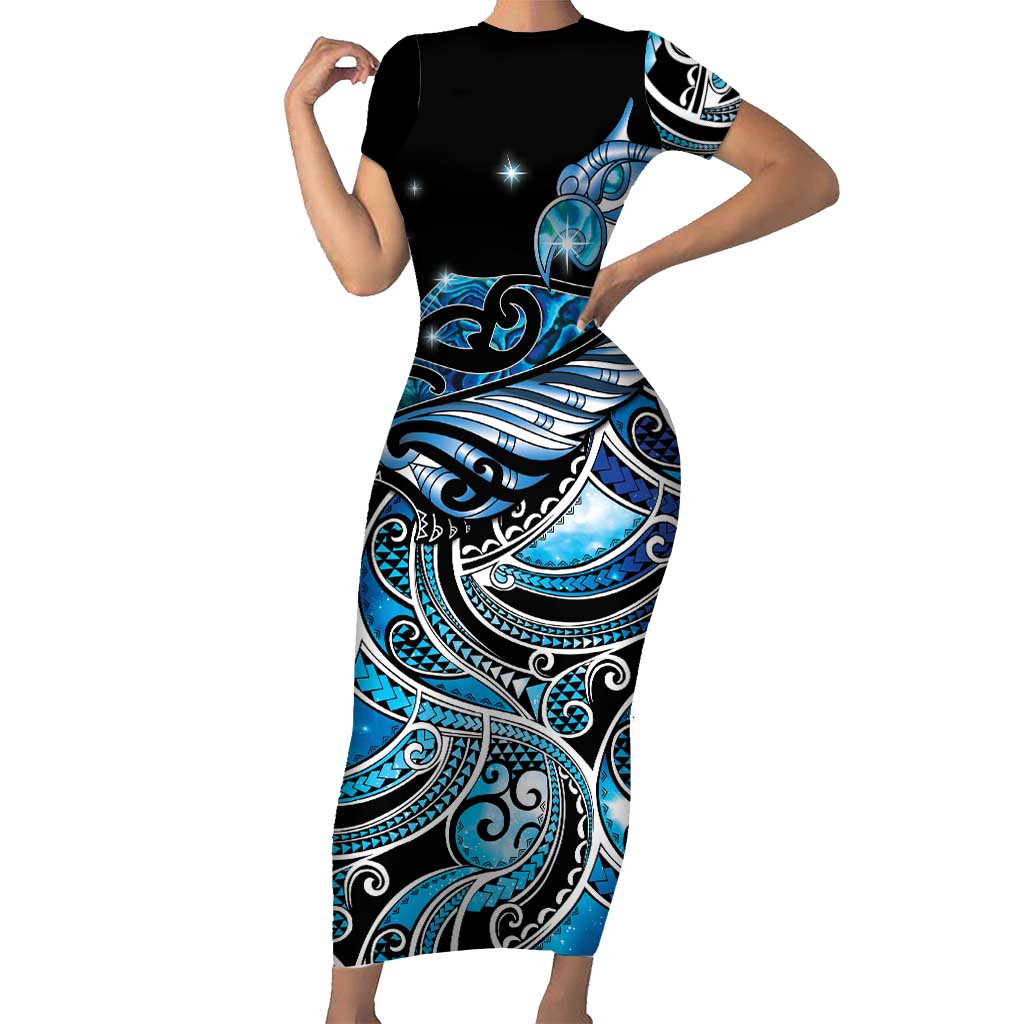 Maori Matariki - Manaia Family Matching Short Sleeve Bodycon Dress and Hawaiian Shirt Galaxy Blue Paua Shell