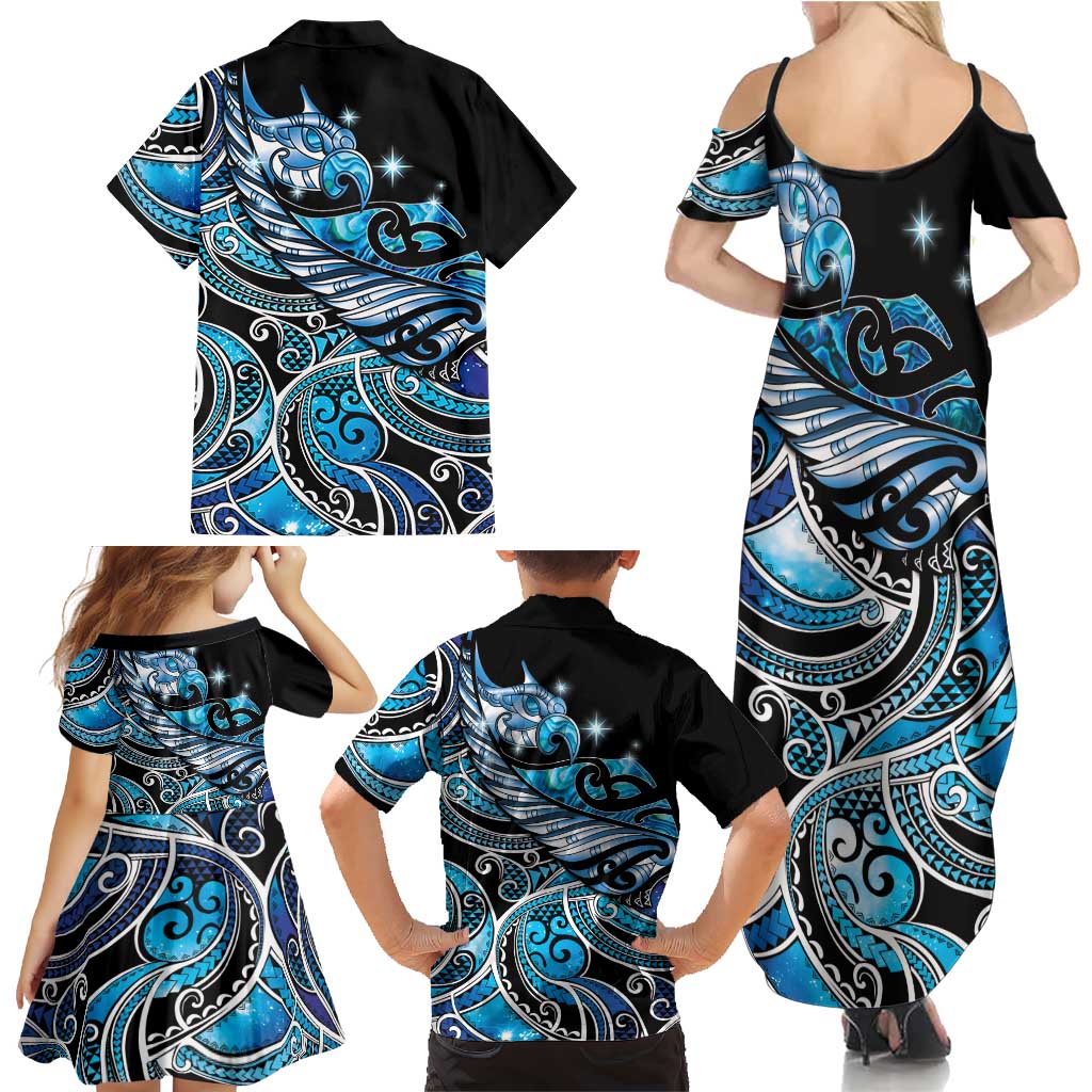 Maori Matariki - Manaia Family Matching Summer Maxi Dress and Hawaiian Shirt Galaxy Blue Paua Shell