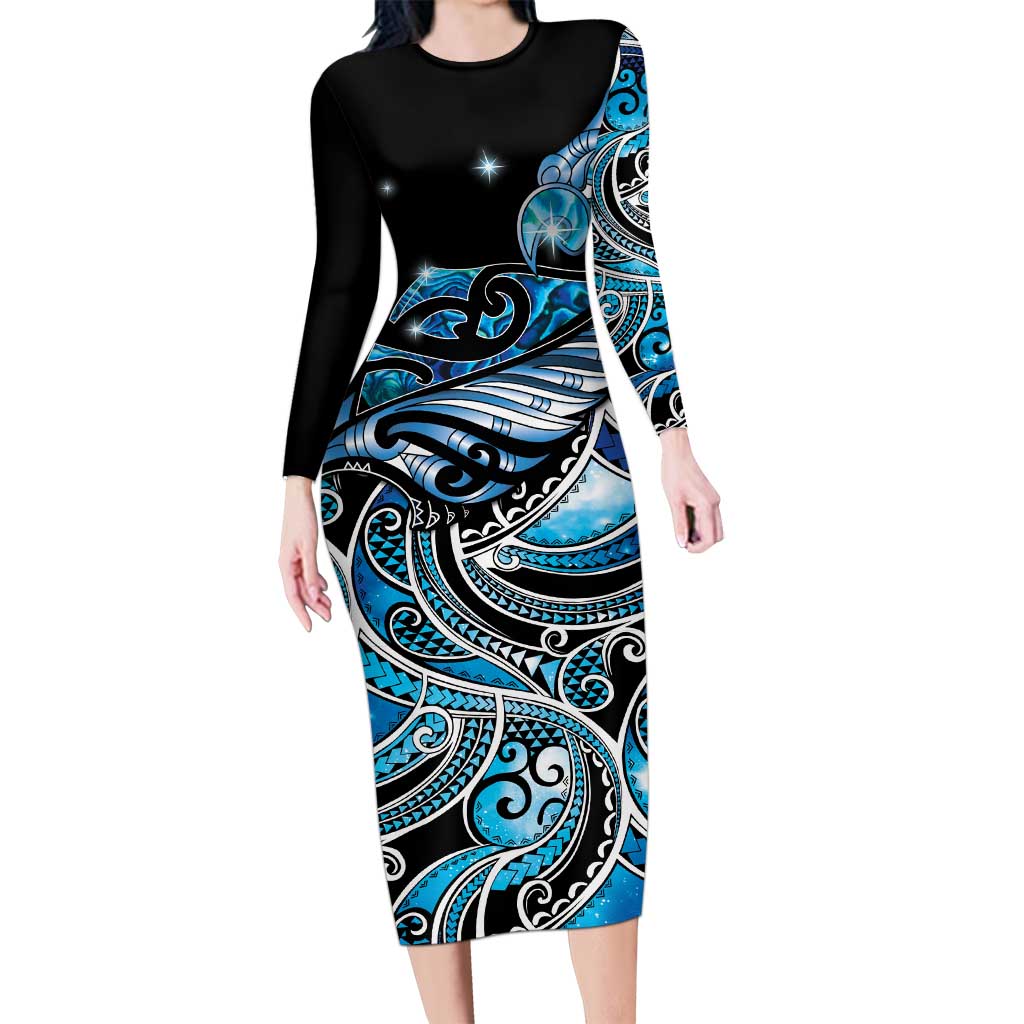 Maori Matariki - Manaia Long Sleeve Bodycon Dress Galaxy Blue Paua Shell