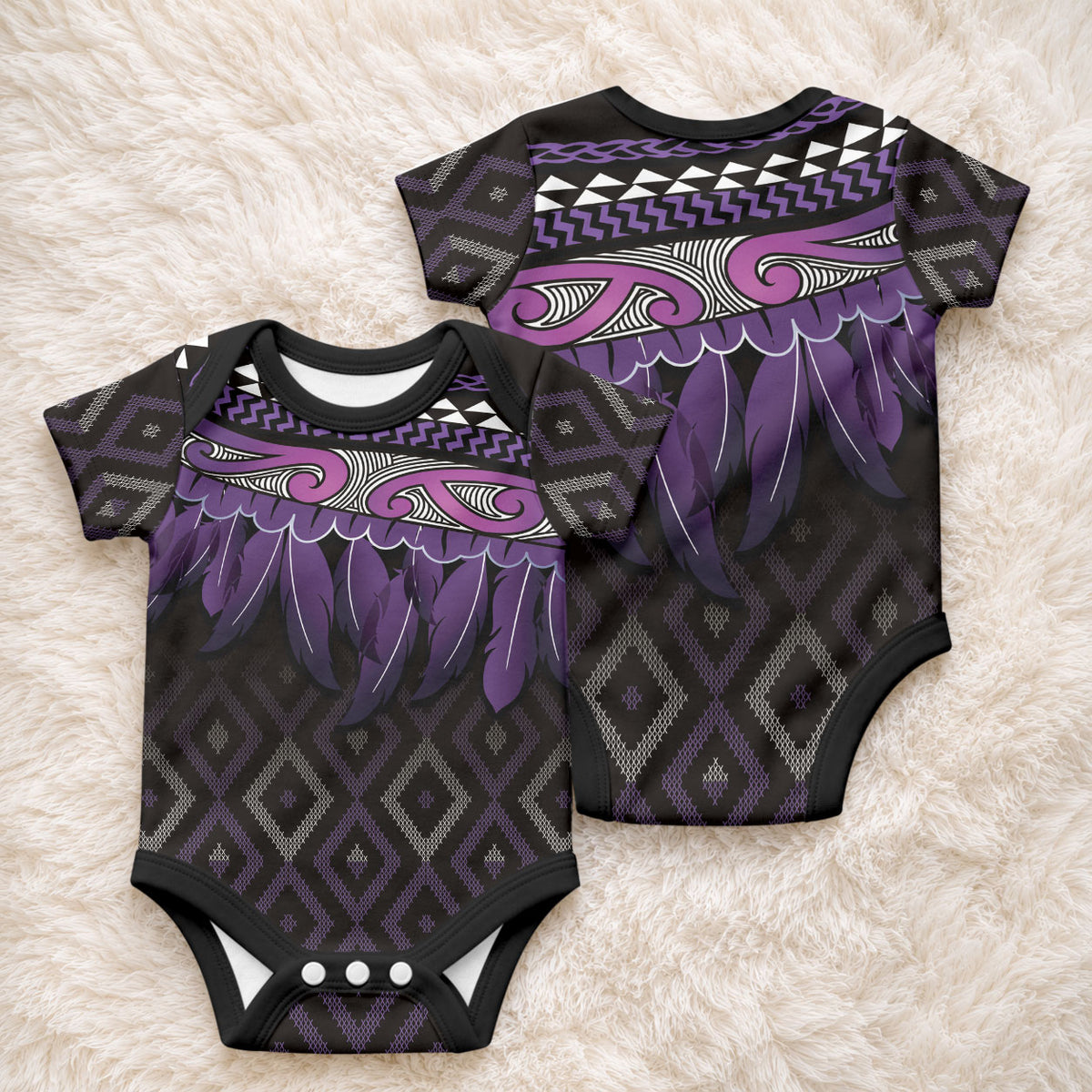 Aotearoa Maori Ngati Porou Iwi Baby Onesie Korowai Tukutuku Kaokao Motifs