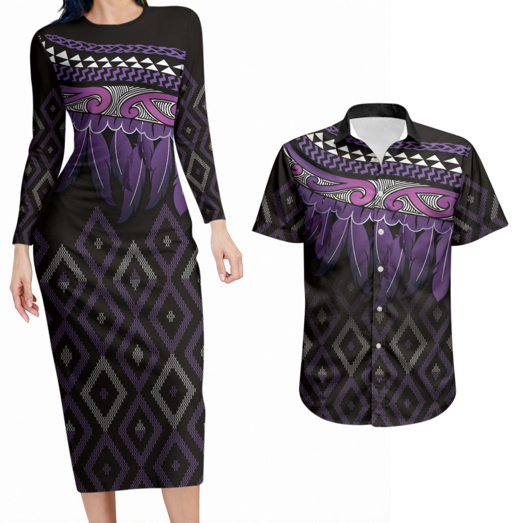 Aotearoa Maori Ngati Porou Iwi Couples Matching Long Sleeve Bodycon Dress and Hawaiian Shirt Korowai Tukutuku Kaokao Motifs