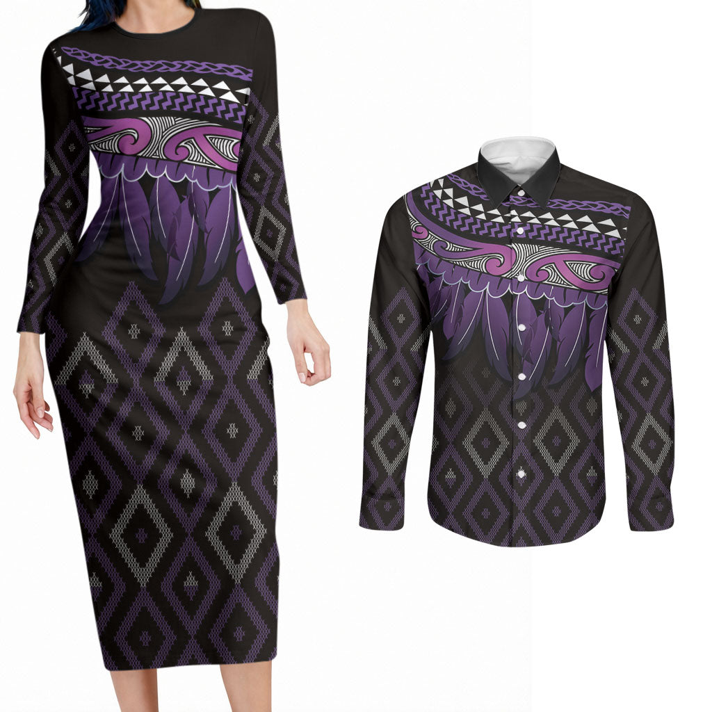 Aotearoa Maori Ngati Porou Iwi Couples Matching Long Sleeve Bodycon Dress and Long Sleeve Button Shirt Korowai Tukutuku Kaokao Motifs