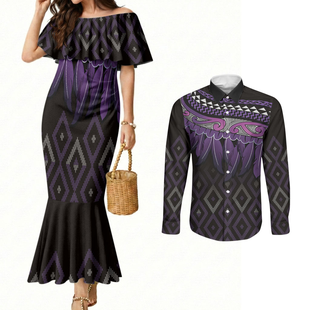 Aotearoa Maori Ngati Porou Iwi Couples Matching Mermaid Dress and Long Sleeve Button Shirt Korowai Tukutuku Kaokao Motifs