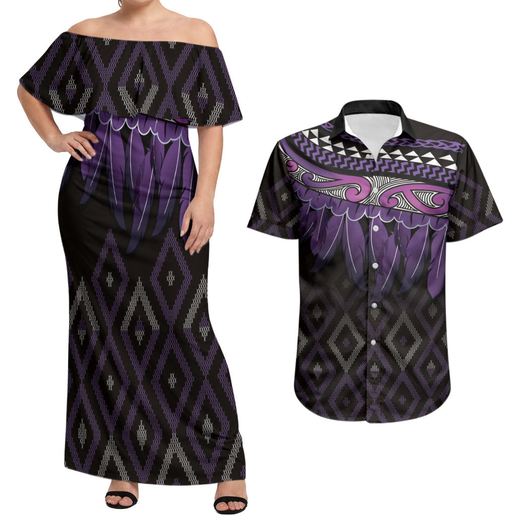 Aotearoa Maori Ngati Porou Iwi Couples Matching Off Shoulder Maxi Dress and Hawaiian Shirt Korowai Tukutuku Kaokao Motifs