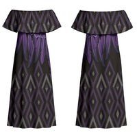 Aotearoa Maori Ngati Porou Iwi Couples Matching Off Shoulder Maxi Dress and Long Sleeve Button Shirt Korowai Tukutuku Kaokao Motifs