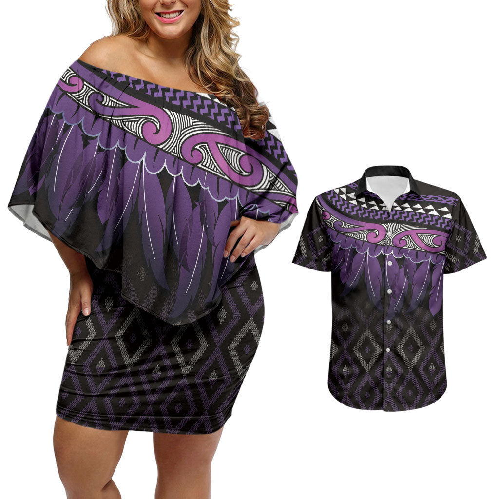 Aotearoa Maori Ngati Porou Iwi Couples Matching Off Shoulder Short Dress and Hawaiian Shirt Korowai Tukutuku Kaokao Motifs