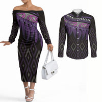Aotearoa Maori Ngati Porou Iwi Couples Matching Off The Shoulder Long Sleeve Dress and Long Sleeve Button Shirt Korowai Tukutuku Kaokao Motifs