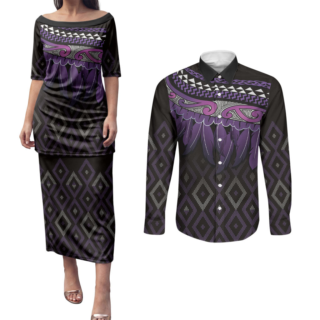 Aotearoa Maori Ngati Porou Iwi Couples Matching Puletasi and Long Sleeve Button Shirt Korowai Tukutuku Kaokao Motifs