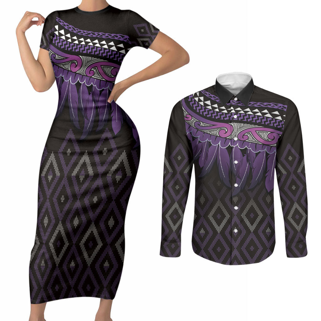 Aotearoa Maori Ngati Porou Iwi Couples Matching Short Sleeve Bodycon Dress and Long Sleeve Button Shirt Korowai Tukutuku Kaokao Motifs