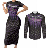 Aotearoa Maori Ngati Porou Iwi Couples Matching Short Sleeve Bodycon Dress and Long Sleeve Button Shirt Korowai Tukutuku Kaokao Motifs