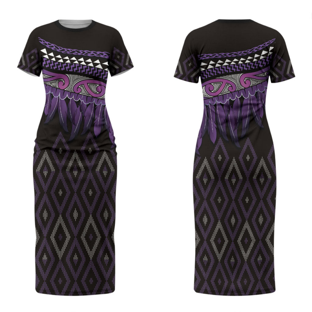 Aotearoa Maori Ngati Porou Iwi Couples Matching Short Sleeve Bodycon Dress and Long Sleeve Button Shirt Korowai Tukutuku Kaokao Motifs