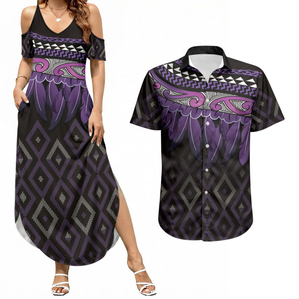 Aotearoa Maori Ngati Porou Iwi Couples Matching Summer Maxi Dress and Hawaiian Shirt Korowai Tukutuku Kaokao Motifs