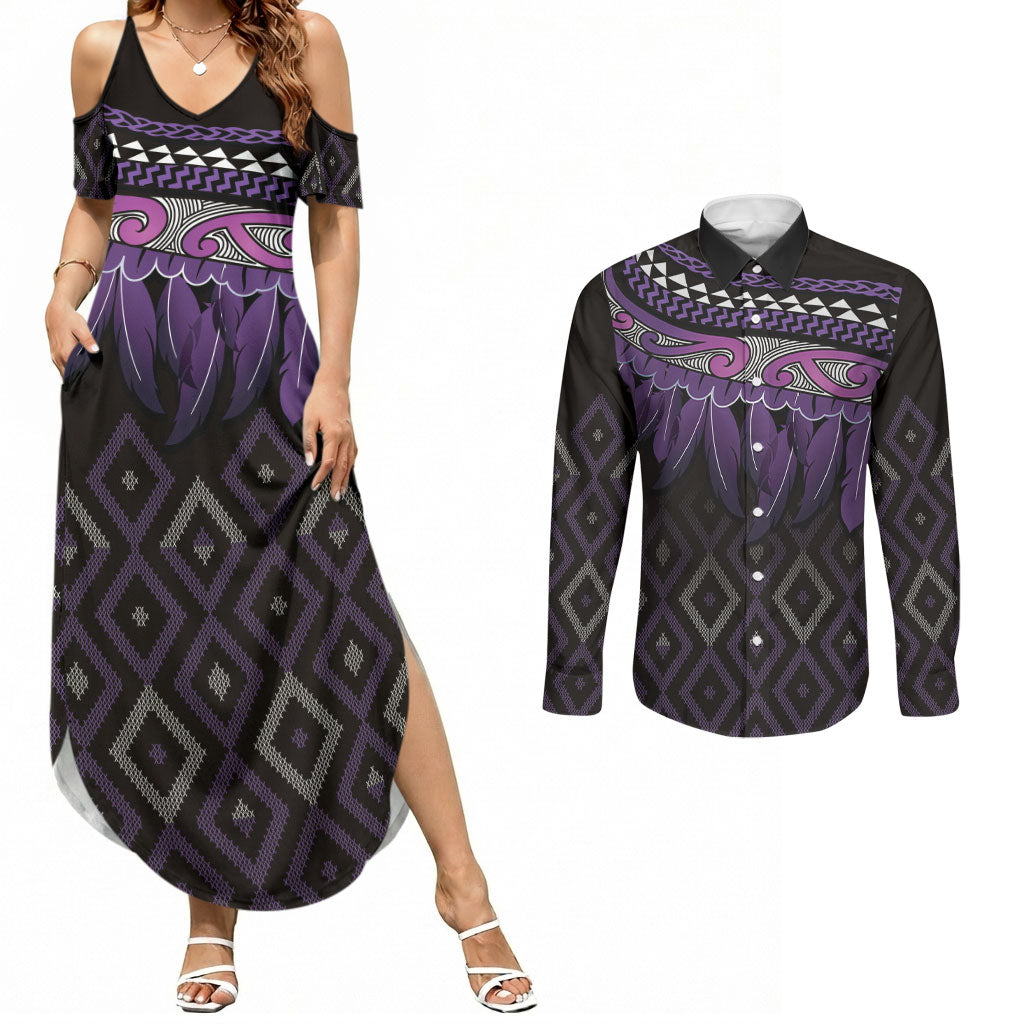 Aotearoa Maori Ngati Porou Iwi Couples Matching Summer Maxi Dress and Long Sleeve Button Shirt Korowai Tukutuku Kaokao Motifs