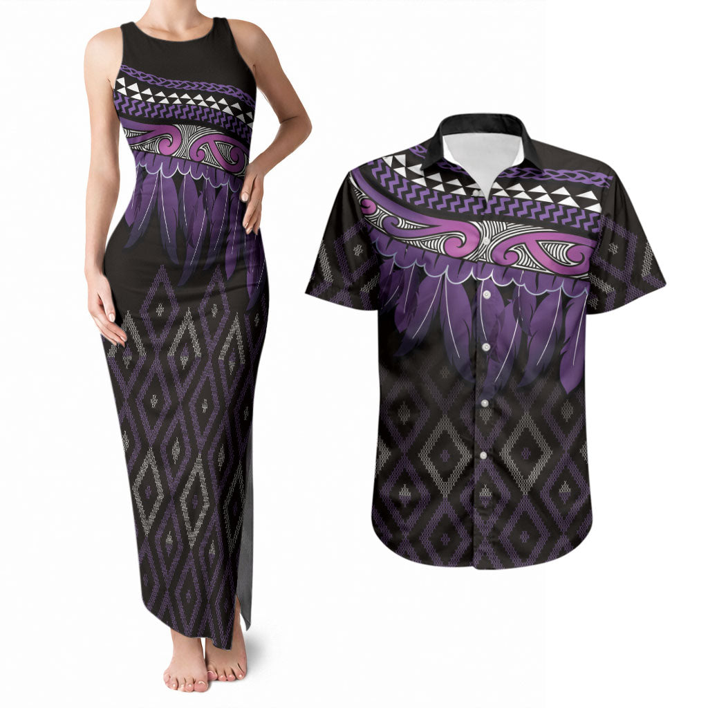 Aotearoa Maori Ngati Porou Iwi Couples Matching Tank Maxi Dress and Hawaiian Shirt Korowai Tukutuku Kaokao Motifs