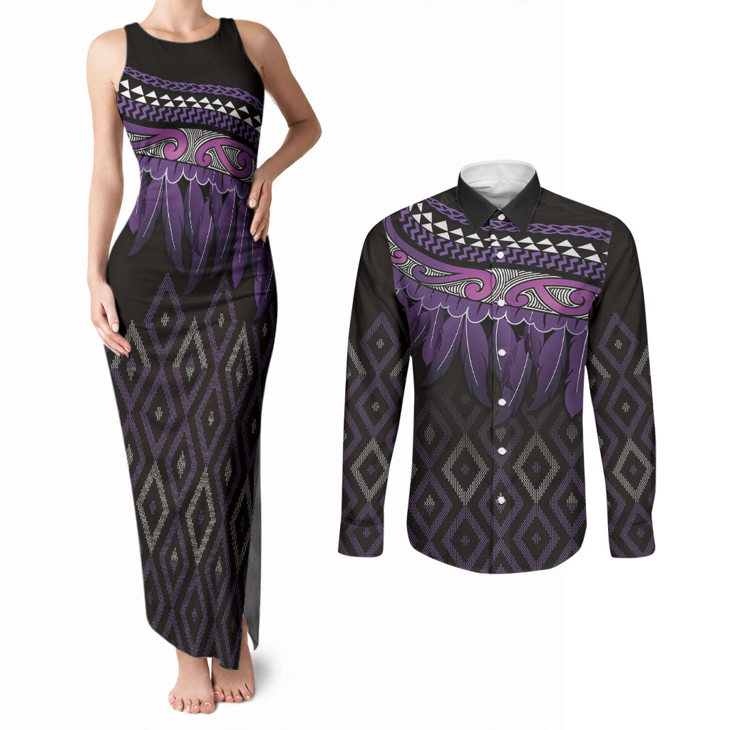 Aotearoa Maori Ngati Porou Iwi Couples Matching Tank Maxi Dress and Long Sleeve Button Shirt Korowai Tukutuku Kaokao Motifs