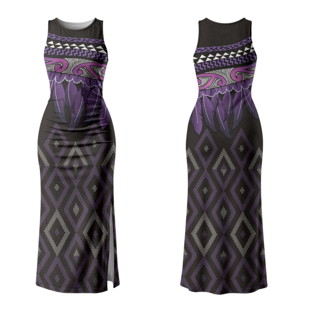 Aotearoa Maori Ngati Porou Iwi Couples Matching Tank Maxi Dress and Long Sleeve Button Shirt Korowai Tukutuku Kaokao Motifs