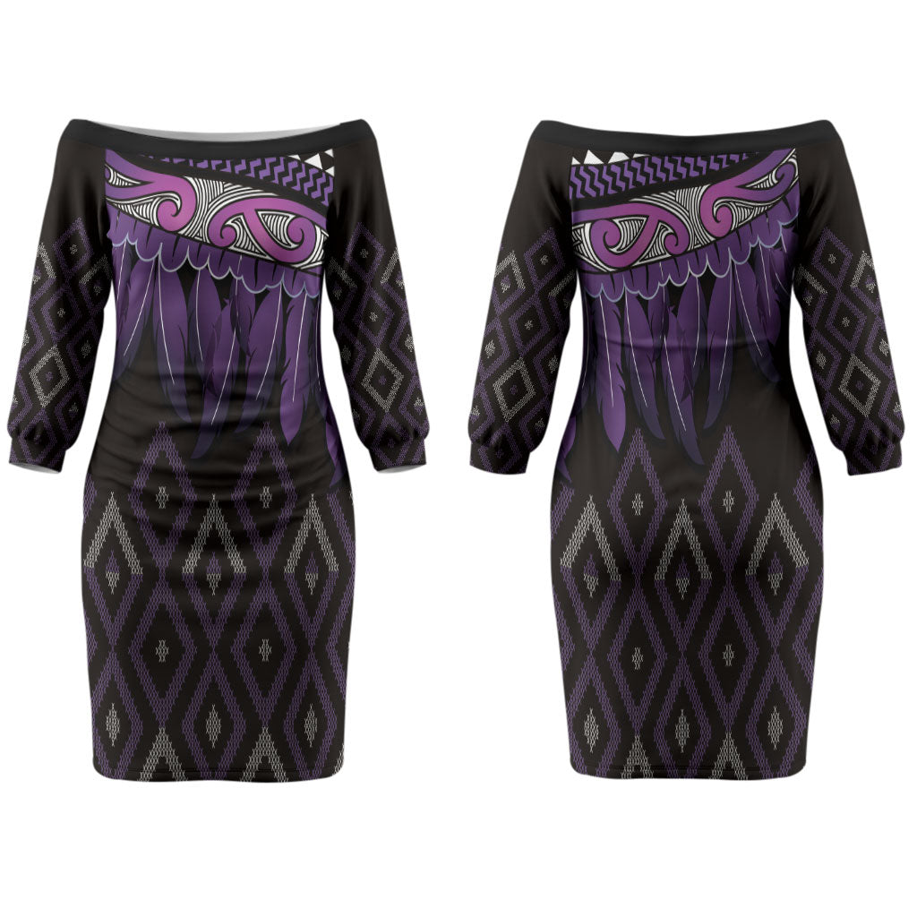 Aotearoa Maori Ngati Porou Iwi Family Matching Off The Shoulder Long Sleeve Dress and Hawaiian Shirt Korowai Tukutuku Kaokao Motifs